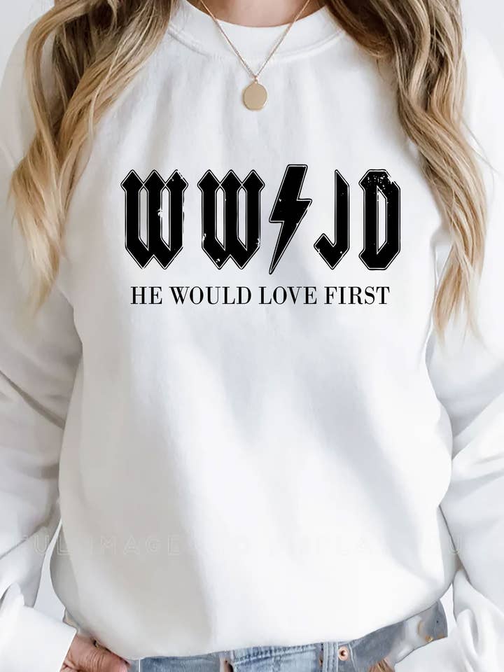WWJD He Would Love First, sweat-shirt unisexe à col rond pour la vente par Top Avenue