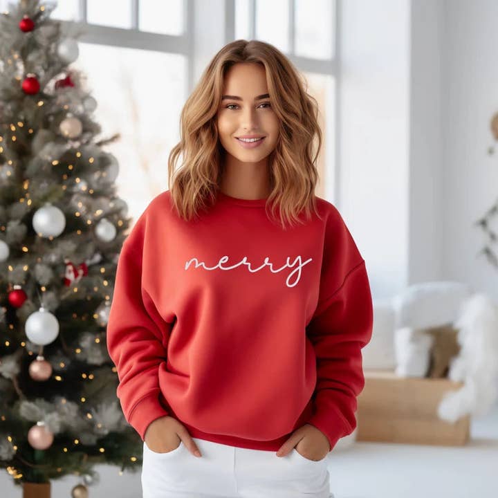 Camisola Bordada Simples de Feliz Natal, Roupa de Feriado, Camisola de Feriado, Bordado de Natal Confortável, Presentes de Natal por atacado de BIRTHDAY OUTFITS