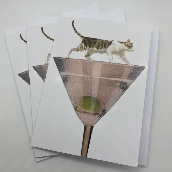 Tabby Cat on Martini Card for wholesale by Maureen Shields