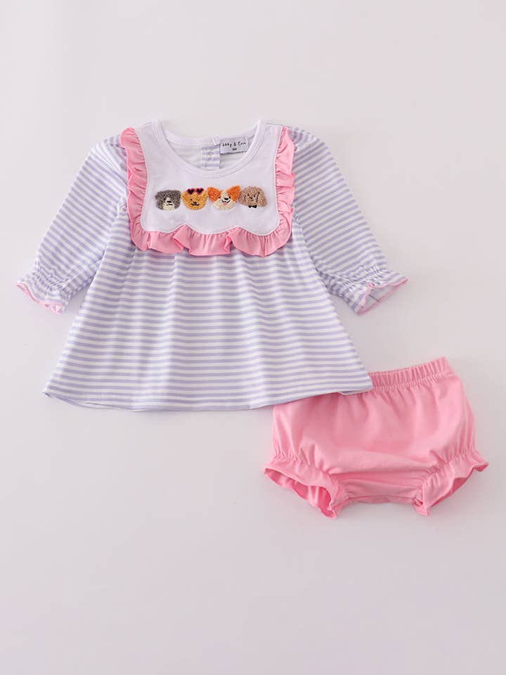 Set mutandine a righe con nodo francese e cucciolo viola per la vendita all'ingrosso da parte di Mom & Co.