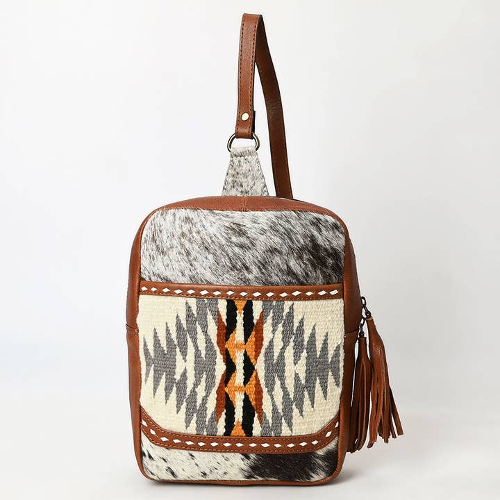 LS Western - Wholesale Backpack - Women's - ADBGA623 Southwestern Cowhide Crossbody Backpack with Wool Panel & Leather Trim3