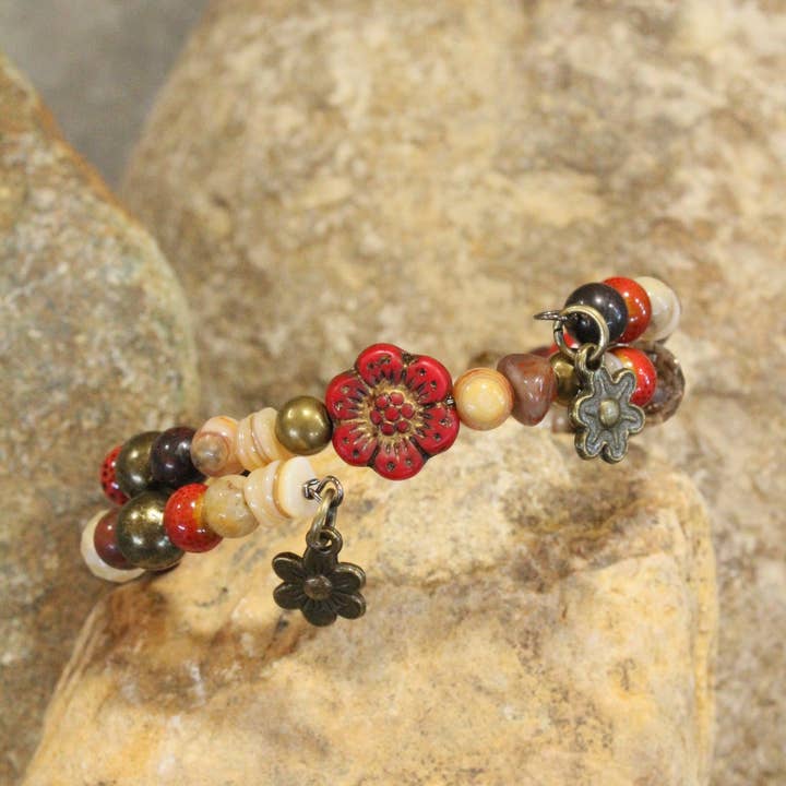 The Primitive Peddler, Inc. - Wholesale Beaded Bracelet - Red Czech Flower Stone Wrap Bracelet