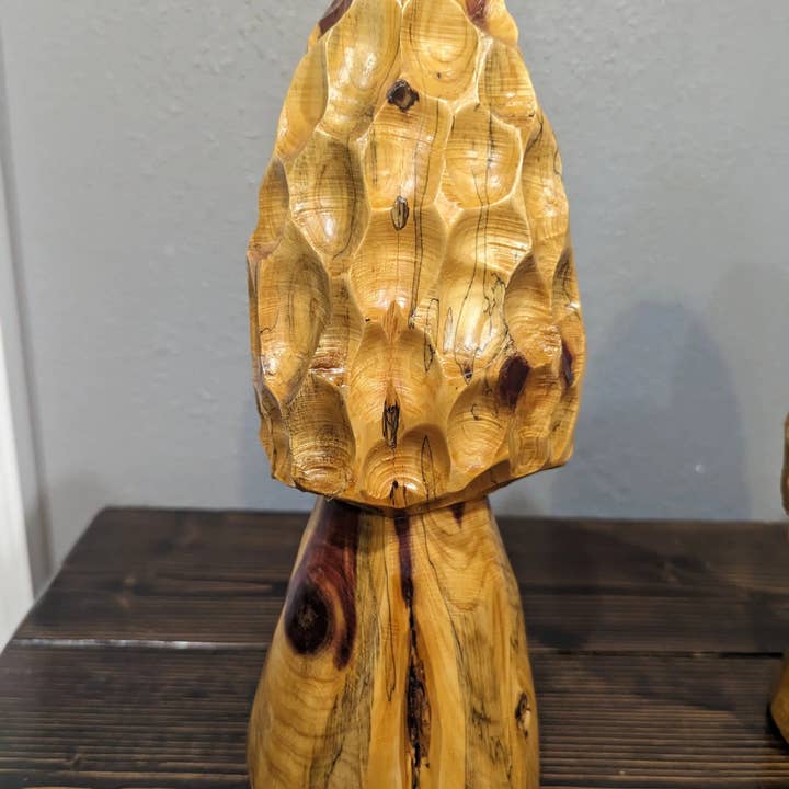 Red Chainsaw Carving of Morel Mushroom, Cedar Log Morel Mushroom carving, Made in USA for wholesale on Faire