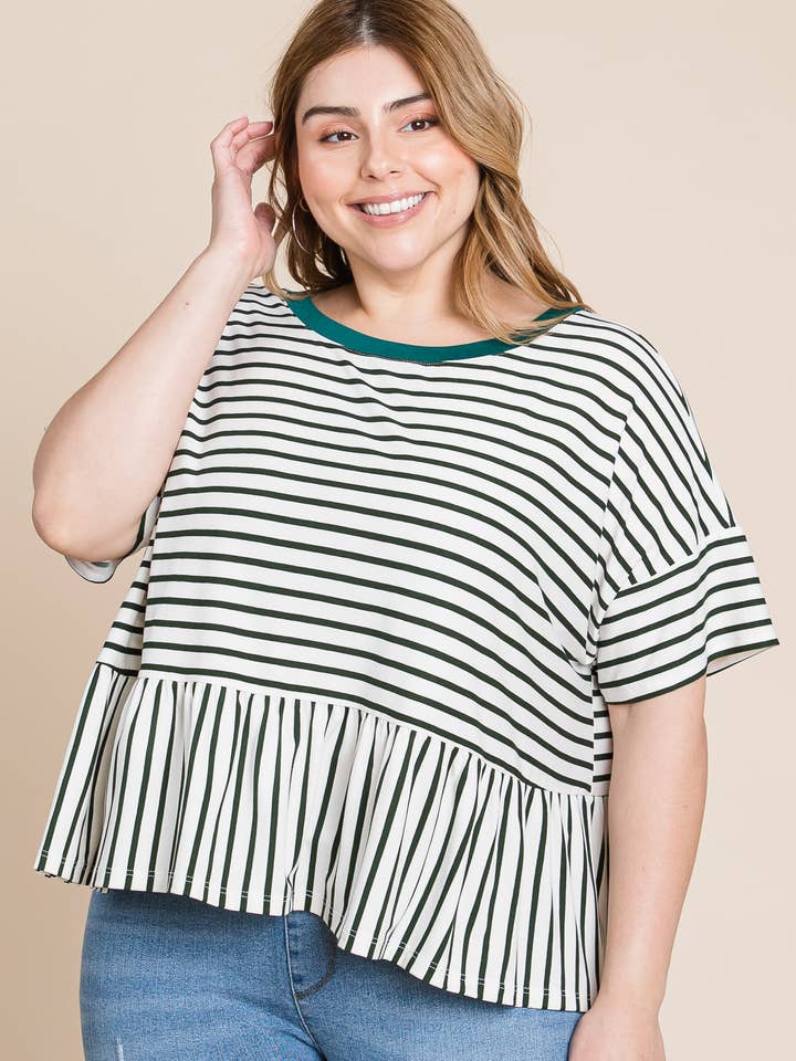 ETK-8772-PL Plus Size Striped Babydoll Short Sleeve Top for wholesale by Emerald Collection