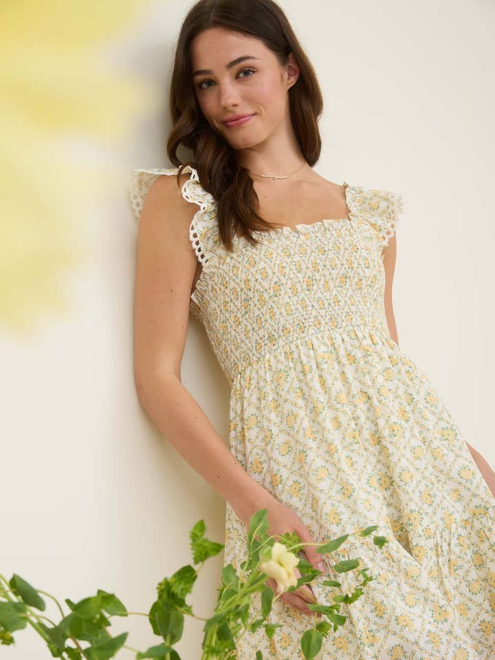 Blu Pepper - Wholesale Dress - Women's - FLORAL TRELLIS PATTERN SMOCKED MINI DRESS