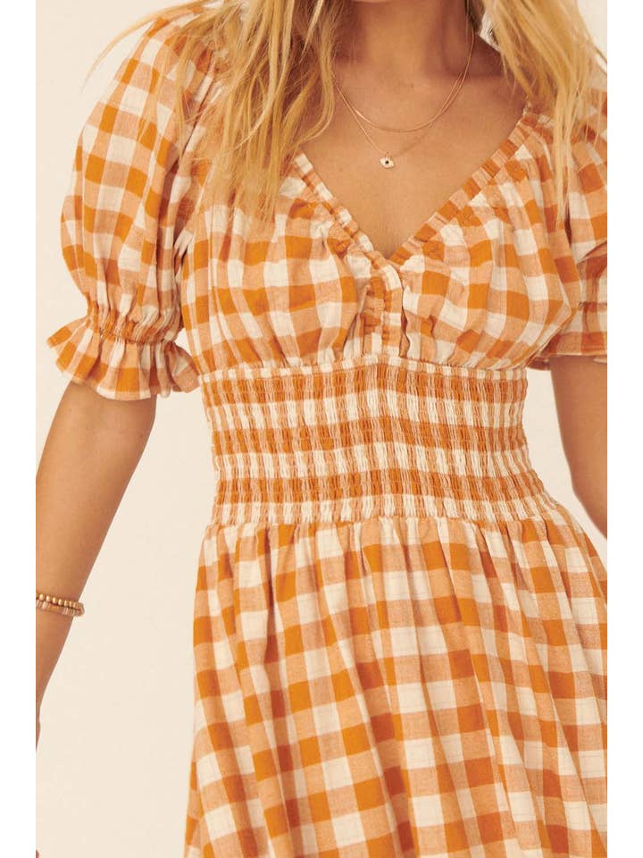 Promesa USA - Wholesale Dress - Women's - Plaid V Neck Ruffle Smock Flared Mini Dress