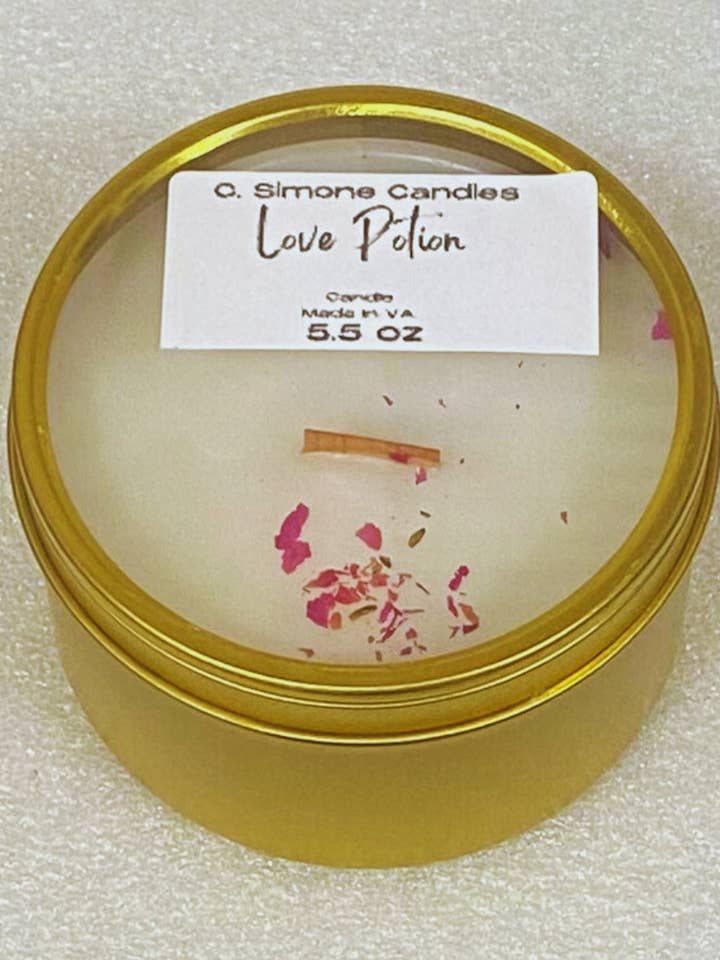 5.5oz Wooden Wick Candles in Gold Tins with See-Through Tops for wholesale by C. Simone Candles