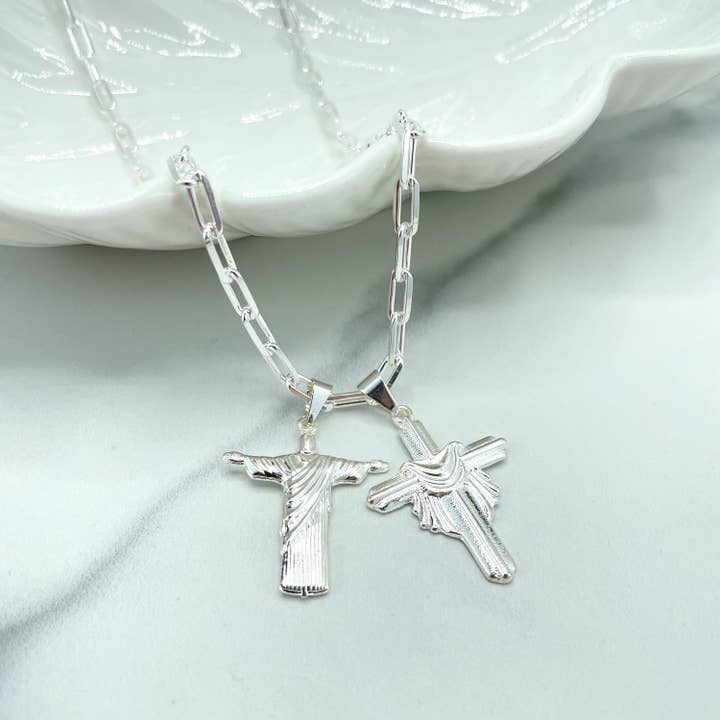 DIJU Jewelry - Venta al por mayor Abalorios/colgantes individuales - Colgante de cruz con sudario chapado en plata o estatua del Cristo Redentor de Jesús, Cristo Redentor Río Brasil, solo colgante, joyas al por mayor