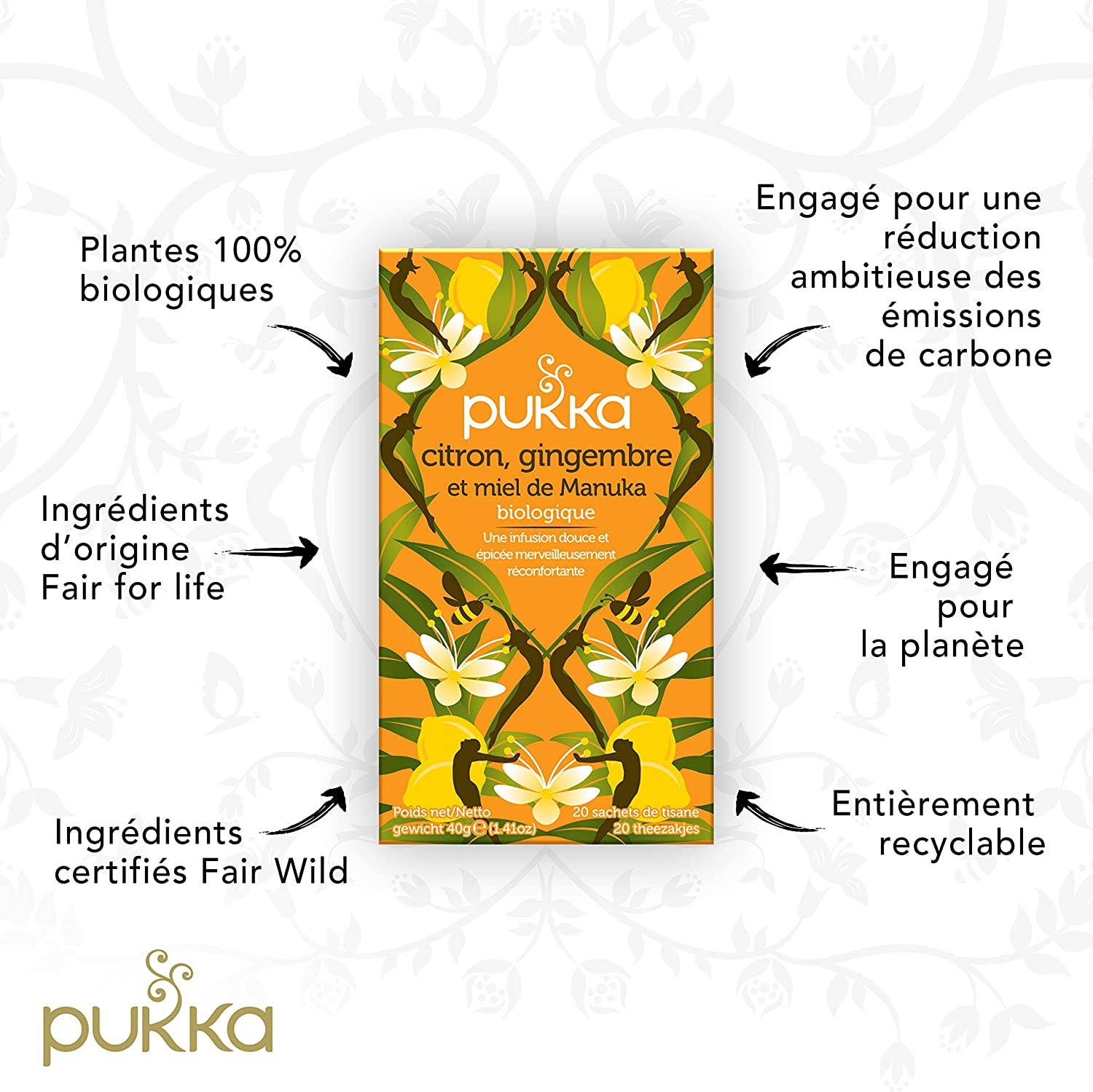 Ecohesens - Wholesale Health/Detox Tea - Organic Lemon Ginger & Manuka Honey Infusion - box of 20 bags - Pukka3