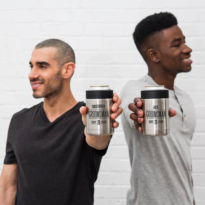 Weddingstar Inc. - Wholesale Drink huggers & koozies - Stainless Steel Insulated Beer Can Cooler - Sans Serif Groom2