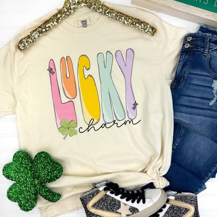 Lucky Charm Retro Print Comfort Colors T-shirt for wholesale by Nikkilynn Wholesale