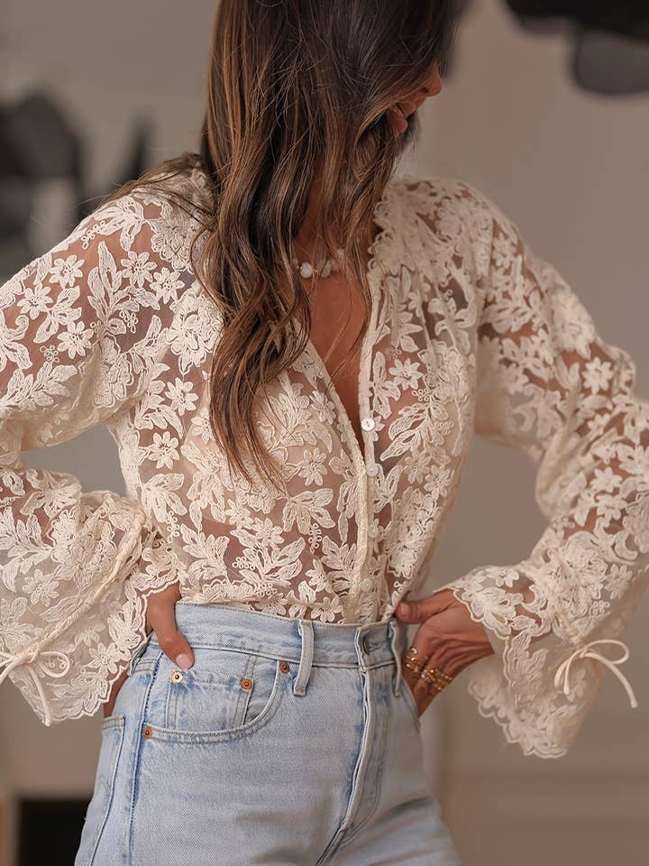 Boho Beige Lace Floral Sheer Blouse for wholesale on Faire