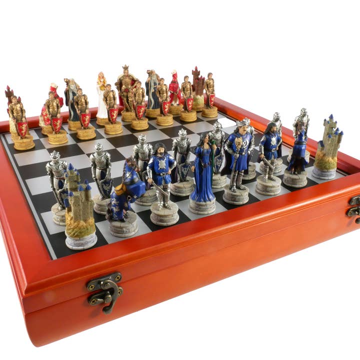 WorldWise Imports - Wholesale Board Game - Chess Set - King Arthur Resin Chessmen on Cherry Chest