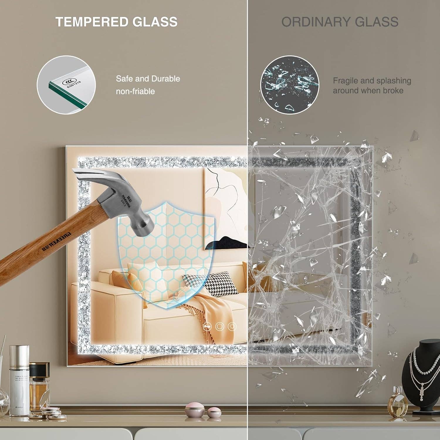 HOMYCASA DESIGN INC - Vente Miroir de courtoisie - Miroir de maquillage éclairé de 31,5" avec bande de cristal, 3 couleurs réglables.2