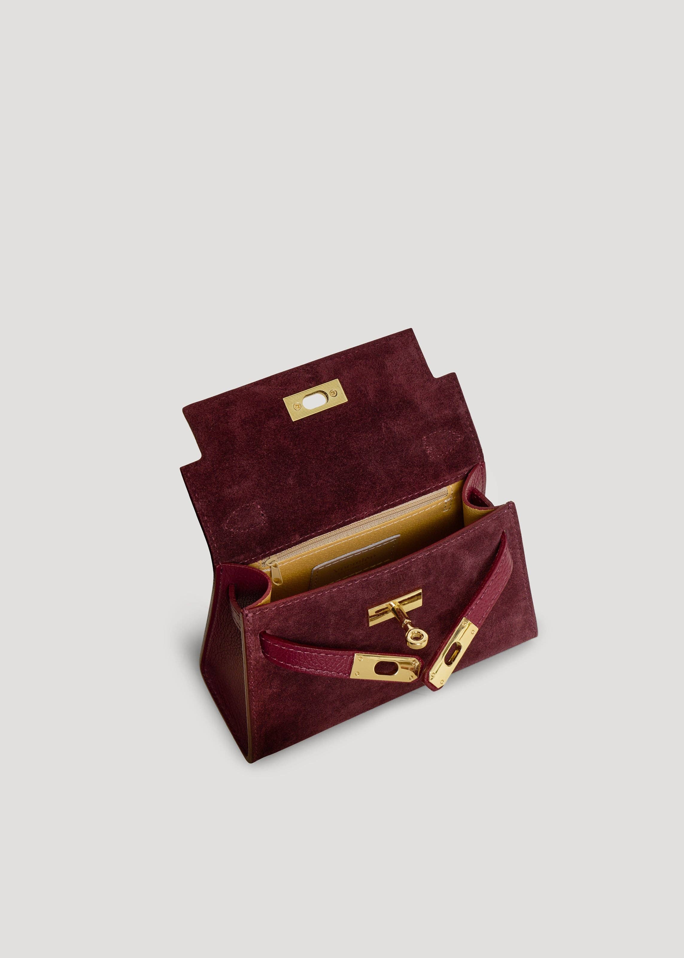 Voemièn – Engroshandel Taske med håndtag – til kvinder – Victoria-taske i bordeaux ruskind og dollar-læder5