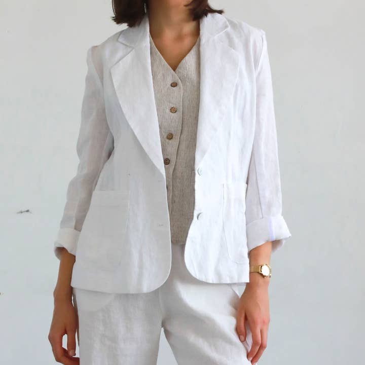 SUNSET Unlined Classic Loose Fitted Linen Blazer for wholesale by Knotium