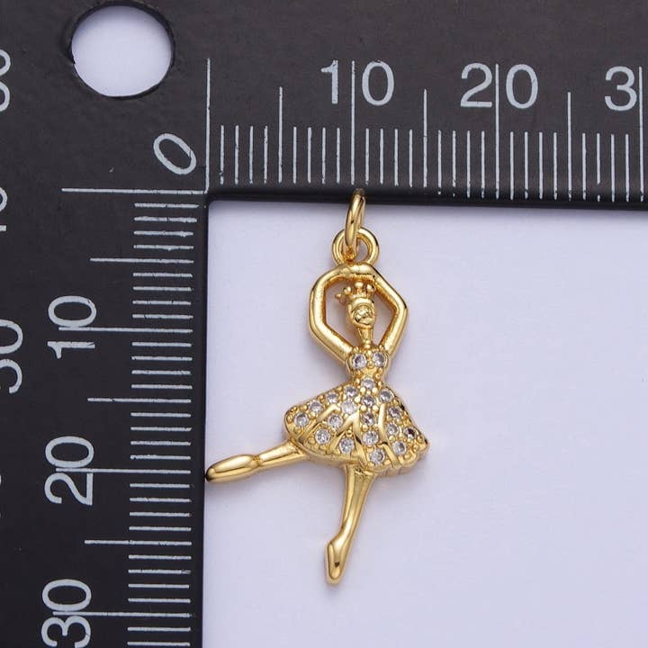 Aim Eternal - Wholesale Individual charm/pendant - Gold Ballerina Dancer Micro Paved Cubic Zirconia Charm For Arts Jewelry Making | C-6901