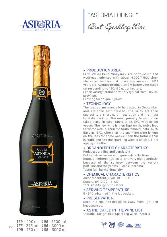 Metina SAS - Wholesale Champagne/Sparkling Wine - Cuvée Lounge Sparkling Brut Astoria It's Lounge Time! 75 cl.5