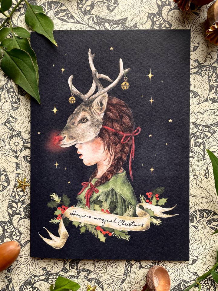 Biglietto di auguri Rudolph con acquerello natalizio Have a Magic Christmas Watercolour per la vendita all'ingrosso da parte di Georgiou Draws