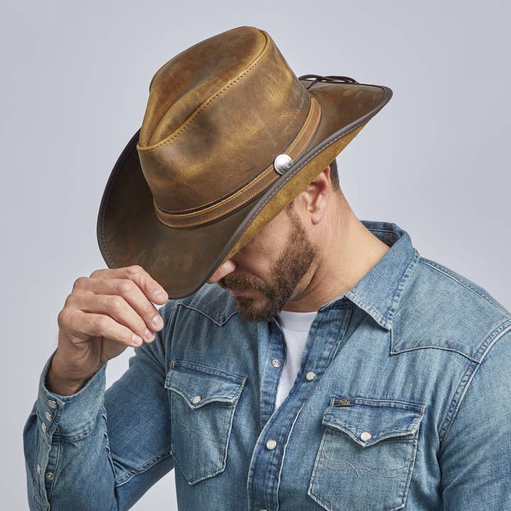 American Hat Makers - Venta al por mayor Sombrero cowboy - Unisex - Sombrero Vaquero de Cuero Genuino con Concho - Estilo Cyclone2