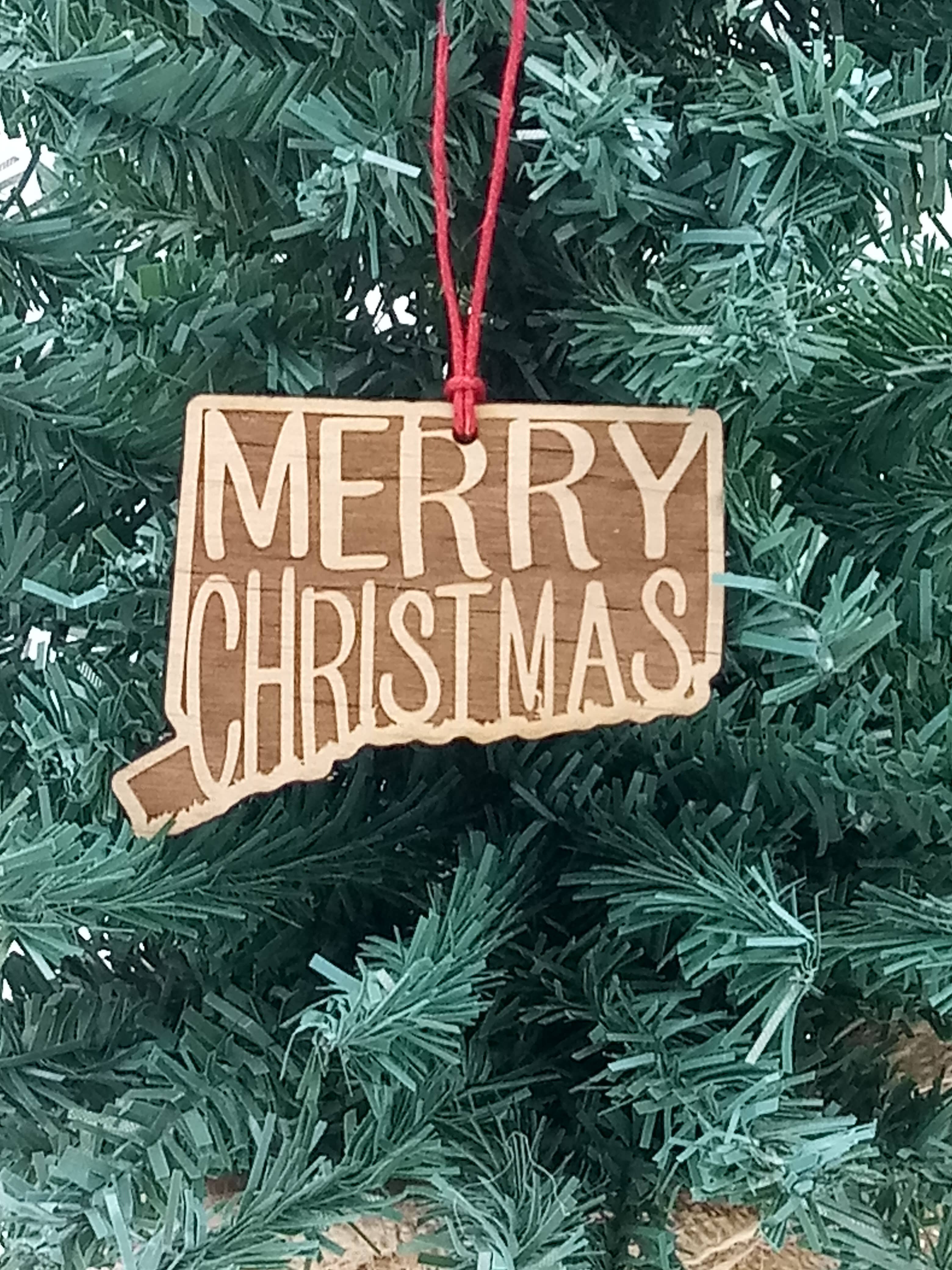 Giftable Memories - Wholesale Ornament - Merry Christmas CONNECTICUT CT Wooden Christmas Ornament0