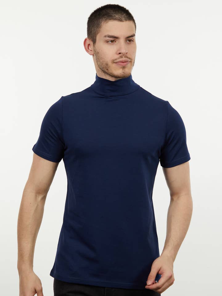 Bomuld Spandex Luksus Mock Tee #LCS9502 -Navy for engroshandel hos Suslo Couture