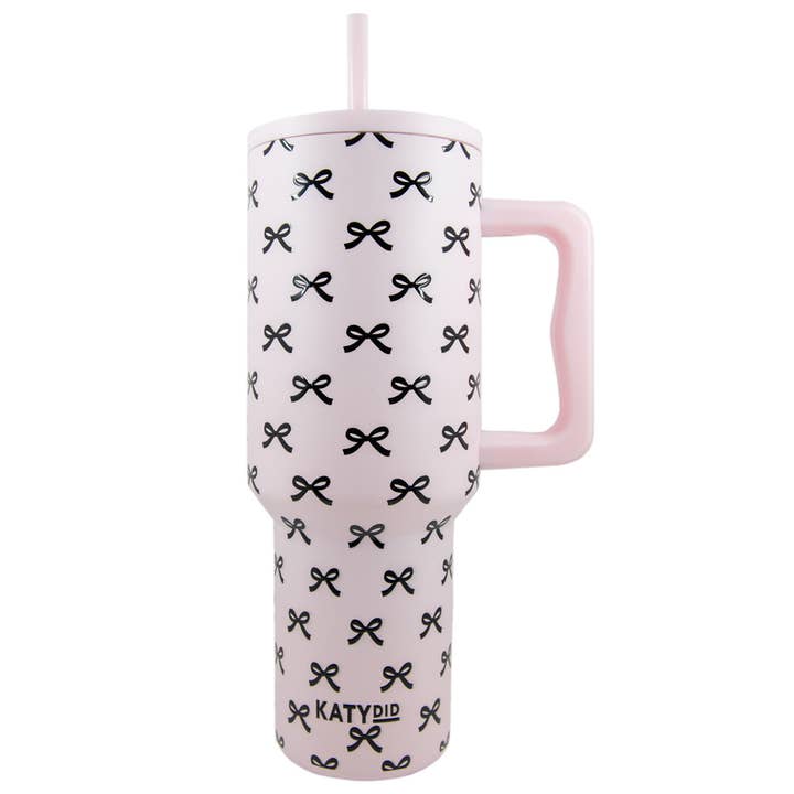 Black & Pink Mini Coquette Bows 38 Oz Tumbler w Handle for wholesale on Faire