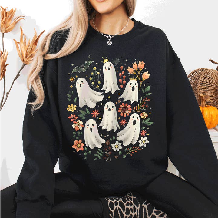 Floral Ghosts, Beautiful Halloween Autumn, Fall Sweatshirt for wholesale by Refinery Number One LLC