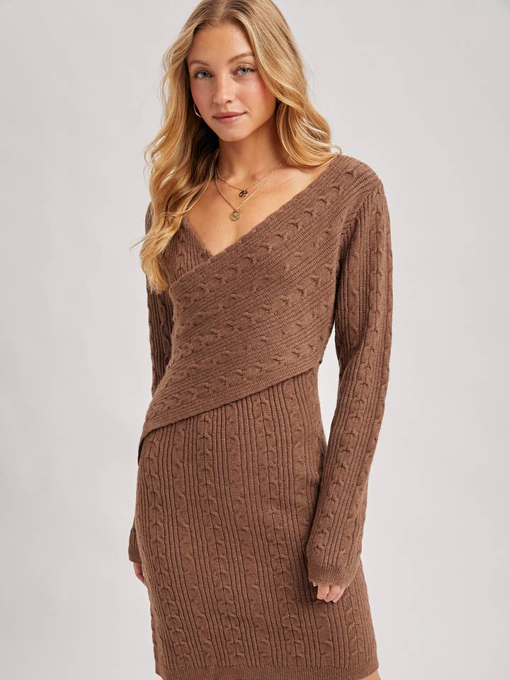 V-NECK CABLE KNIT SWEATER WRAP DRESS for wholesale by Bluivy
