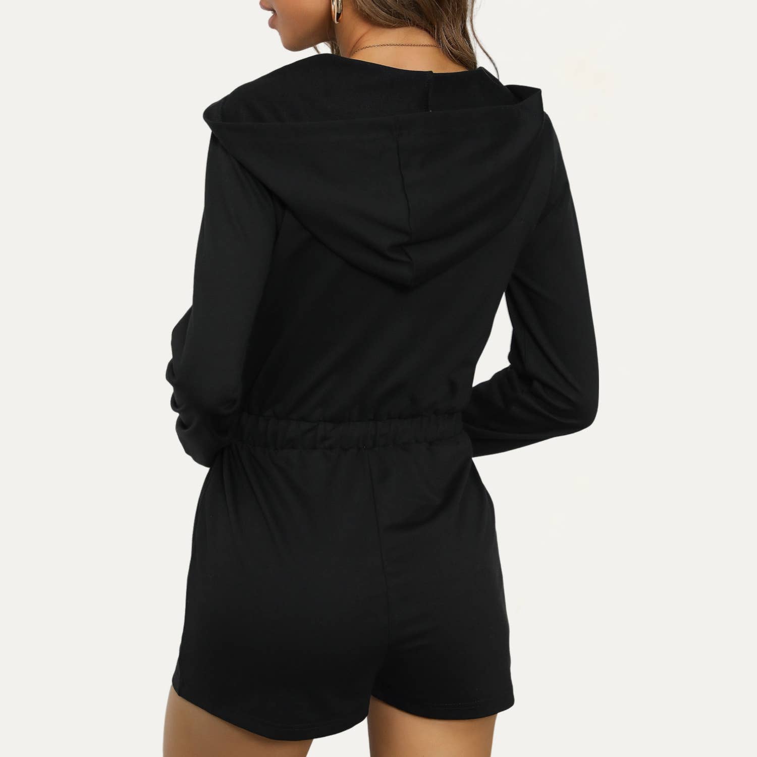 The Moment Collection - Wholesale Romper - Women's - Causal Black Zipper-Up Long Sleeve Hooded Romper3
