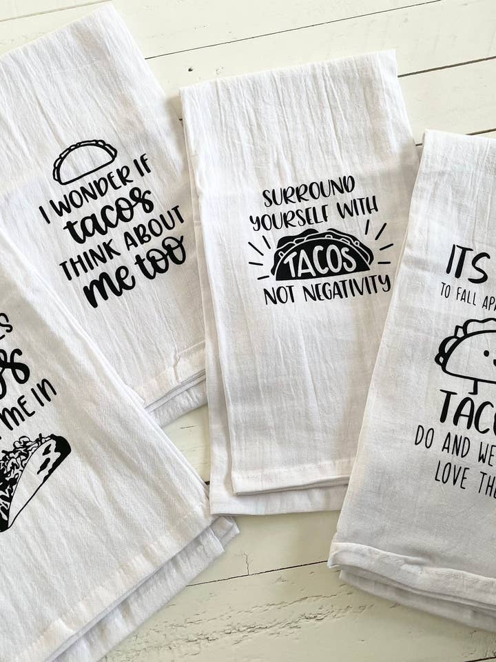 You pick, Taco Lover Tea Towels, Housewarming Gift for wholesale by Three Black Cats Inc.