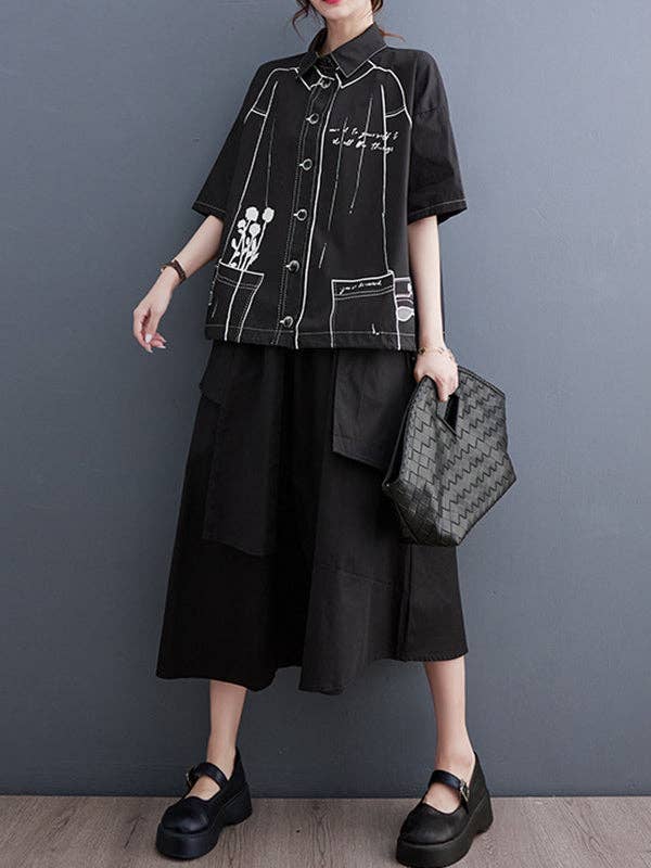 Sheer Trend – Camisa com botões no colarinho – Mulher por atacado – Blusas de lapela com junta dividida com estampa em cores contrastantes com mangas curtas e soltas8