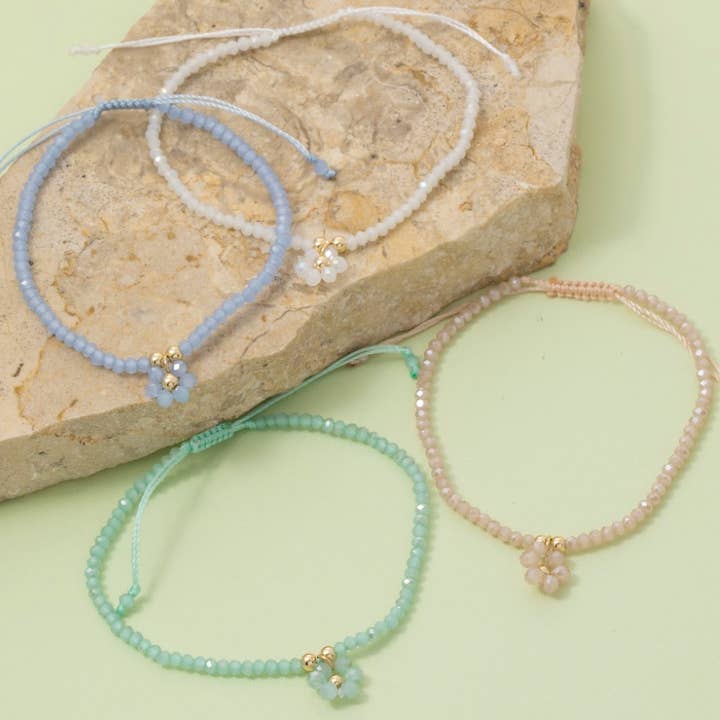 Faceted Beaded Flower Charm Adjustable Cord Bracelet for wholesale by The Looks by Fame Accessories