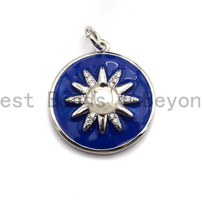 BestBeads&Beyond - Wholesale Individual Charm/Pendant - Pave CZ Blue Enamel Sunflower Star Charms Pendant, Enamel Pendant,Round Enamel, Oil Drop jewelry Findings, 18x20mm,sku#Z3814