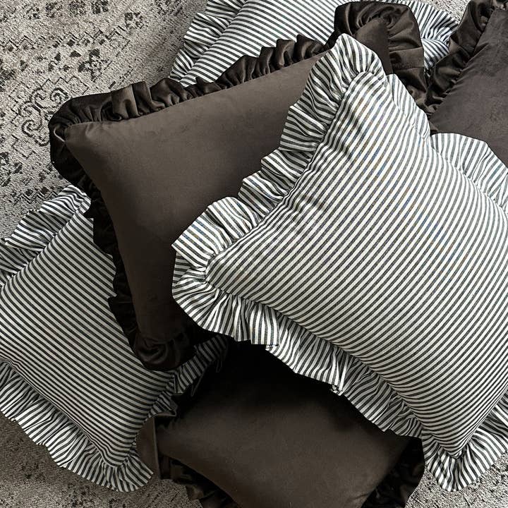 Hudson Home - Wholesale Lumbar Pillow - Bolster Cushion in Black and White Stripe with Ruffle Edge2