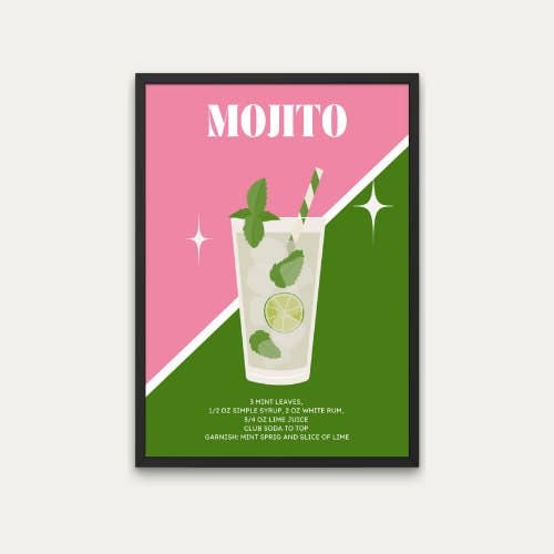 Mojito Cocktail Print Poster - Retro Cuba Wall Art For for wholesale by Littlepapertrailco