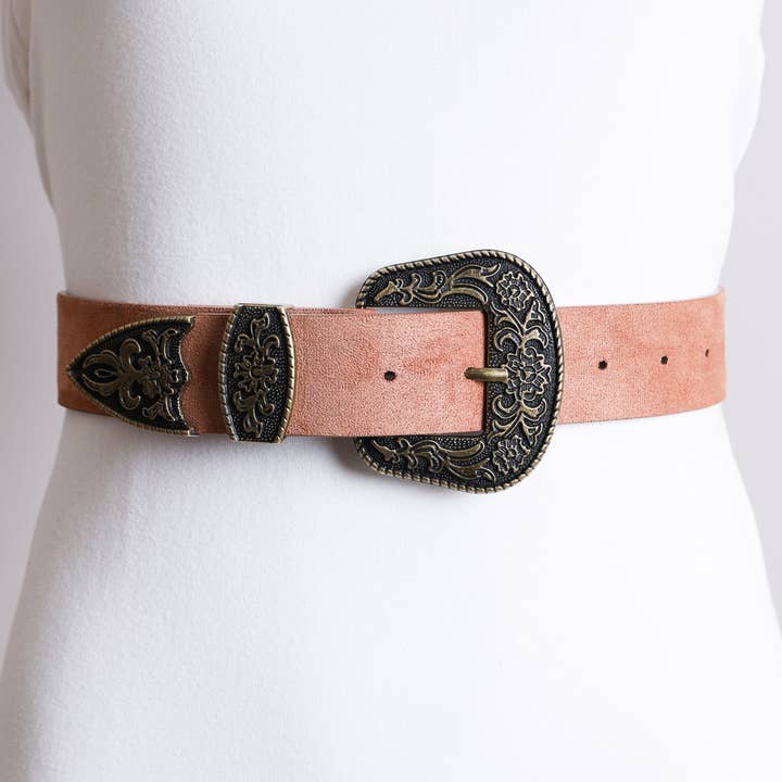 Leto Accessories - Wholesale Belt - Women's - Suede Antique Gold Western Buckle Belt