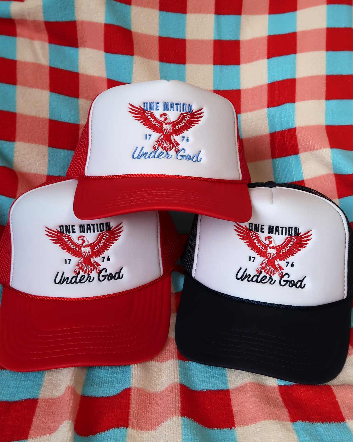 Sundrop - Wholesale Trucker Hat - Unisex - One Nation Under God Navy Trucker Hat - Embroidered July 4th4
