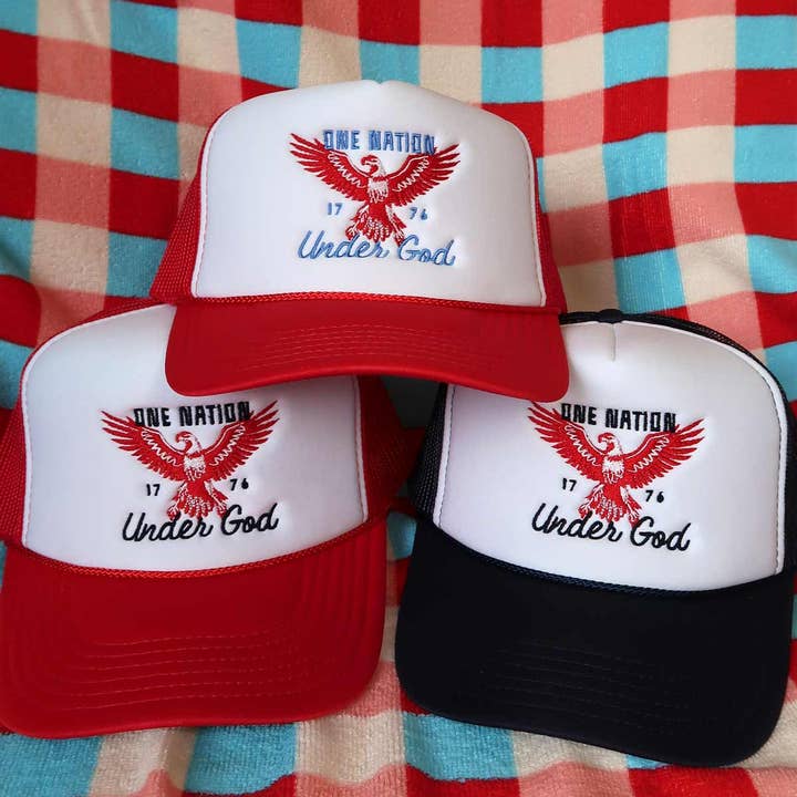 Sundrop - Wholesale Trucker Hat - Unisex - One Nation Under God Navy Trucker Hat - Embroidered July 4th4