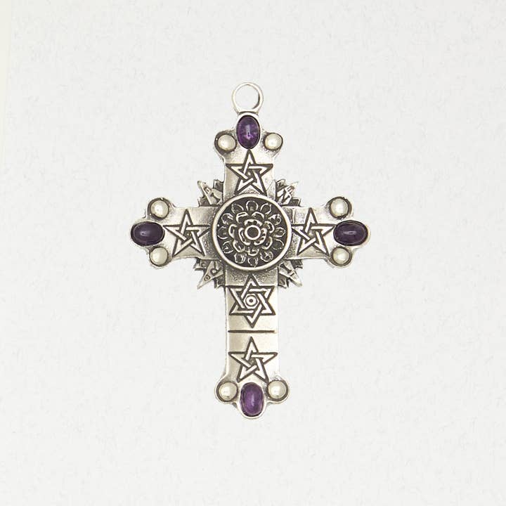 Wicca Necklace Pendant - Rose Cross (with Accent Cabochons) for wholesale by Nirvana LLC