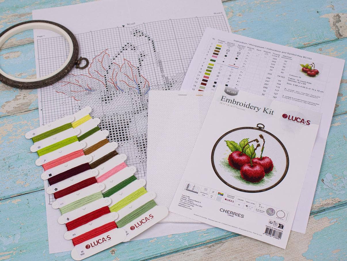 Luca-S - Wholesale Embroidery/Cross Stitch Supplies - Cross Stitch Kit with Hoop Included Luca-S - Cherries, BC1033