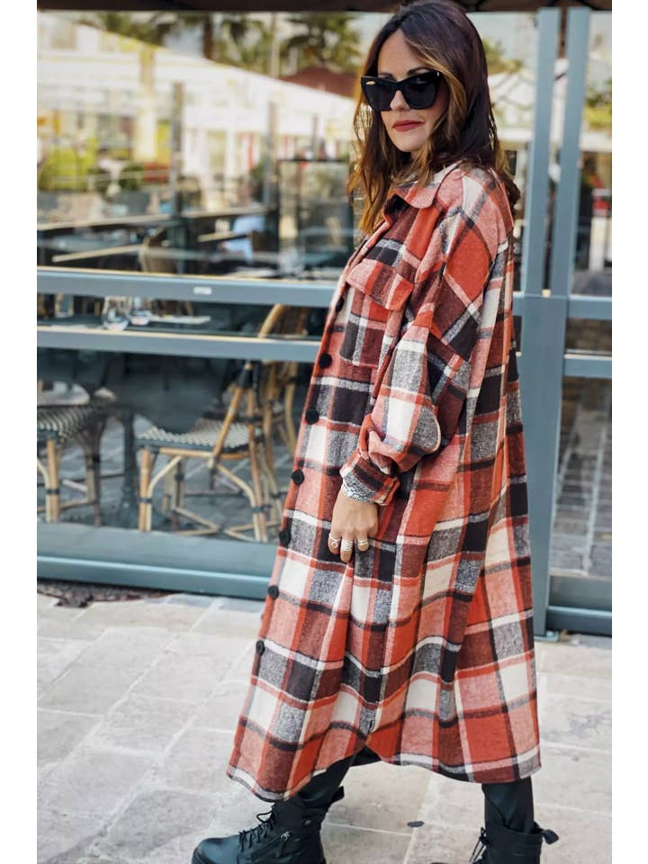 UNISHE - Wholesale Shirt Jacket/Shacket - Women's - XC1360 Plaid Flannel Shacket Jacket Maxi Length Women