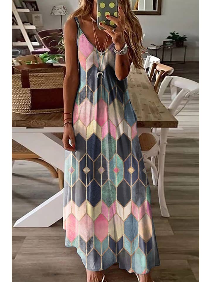 UNISHE - Wholesale Dress - Women's - DRSW058 V-neck Printed Slip Dress