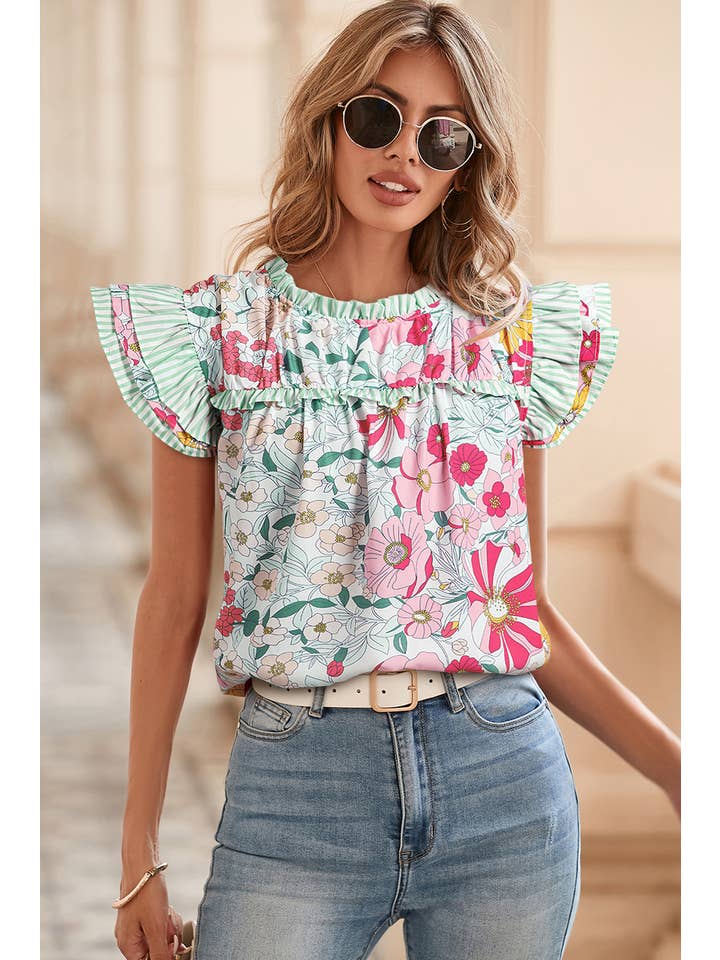 Pink LDC Floral Print Contrast Ruffle Trim Short Sleeve Blouse for wholesale on Faire