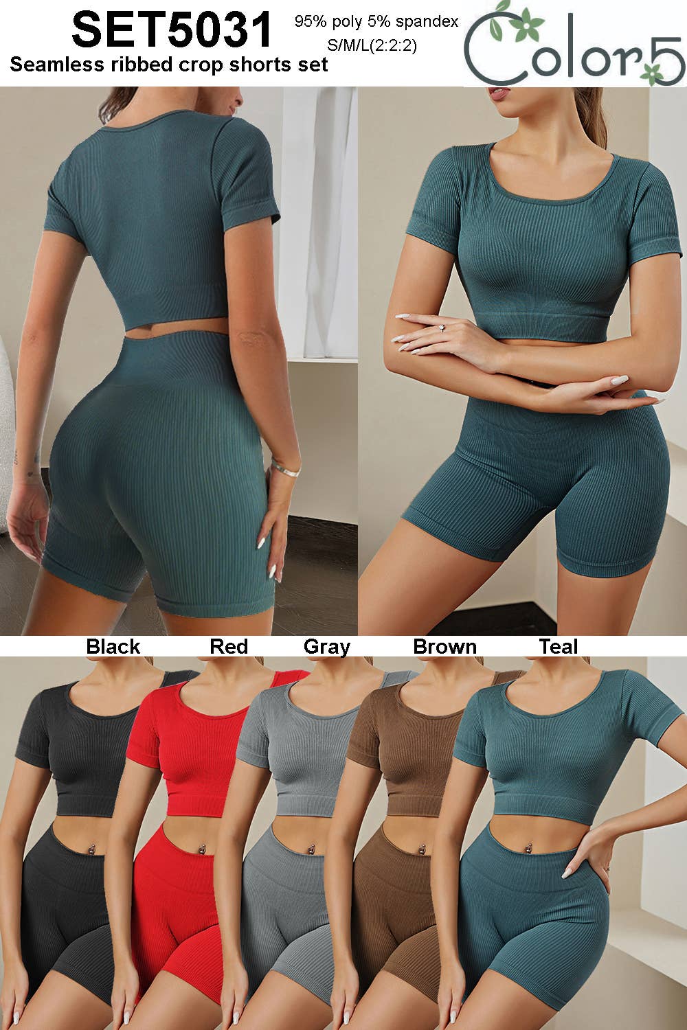 Color 5 - Wholesale Activewear Set - Women's - Seamless ribbed crop basic top w/hot mini shorts active set 5