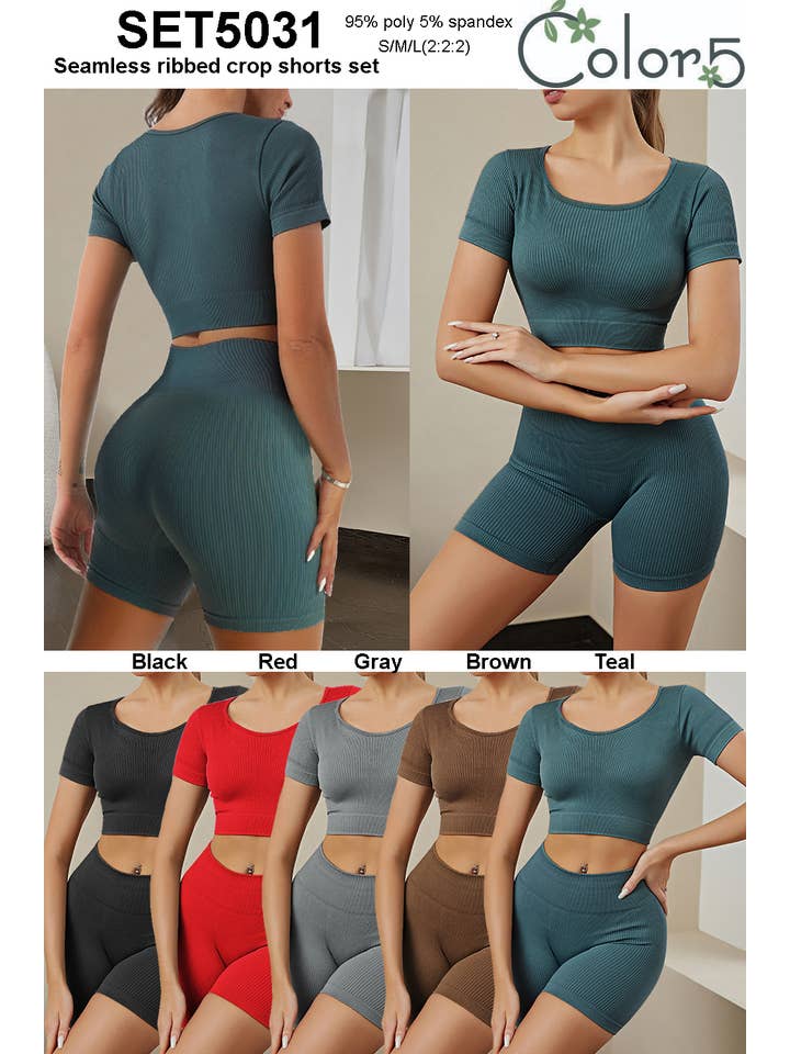 Color 5 - Wholesale Activewear Set - Women's - Seamless ribbed crop basic top w/hot mini shorts active set 5