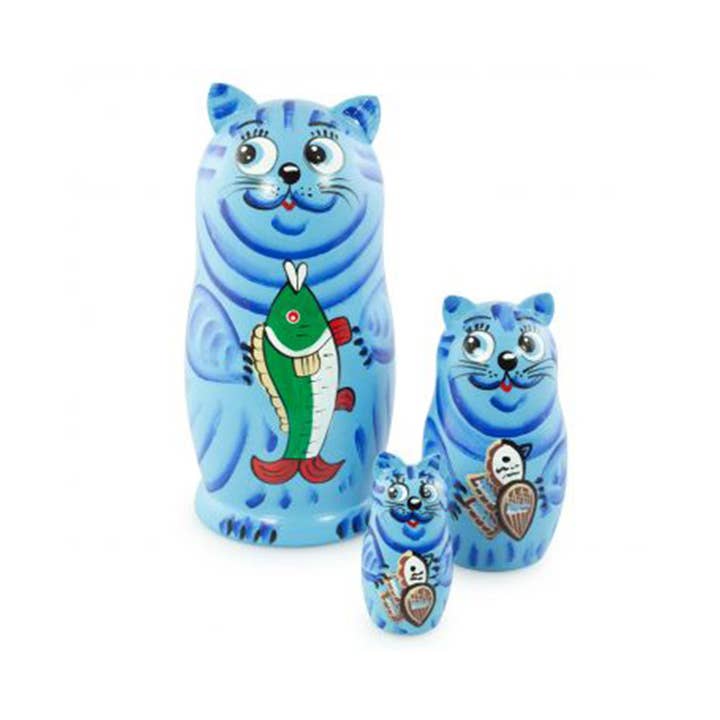 BLUE CAT with FISH Nesting Dolls Set, 3 Pcs/5" for wholesale by GSZ corporation DBA Gabriella's Gifts