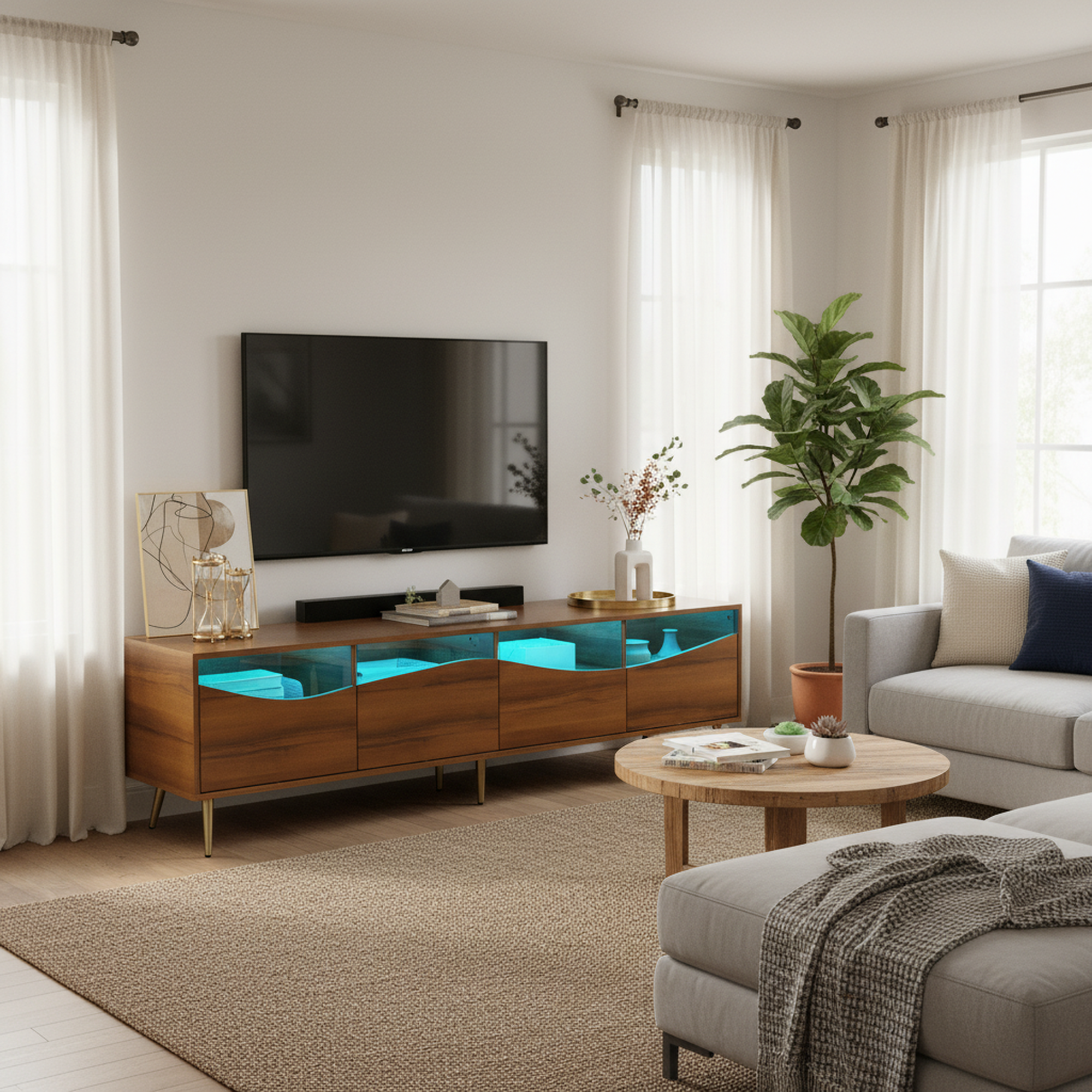 Urban Meuble - Wholesale Console Table - Retro walnut-effect TV stand with LED lighting and gold metal legs PROKARYOT1