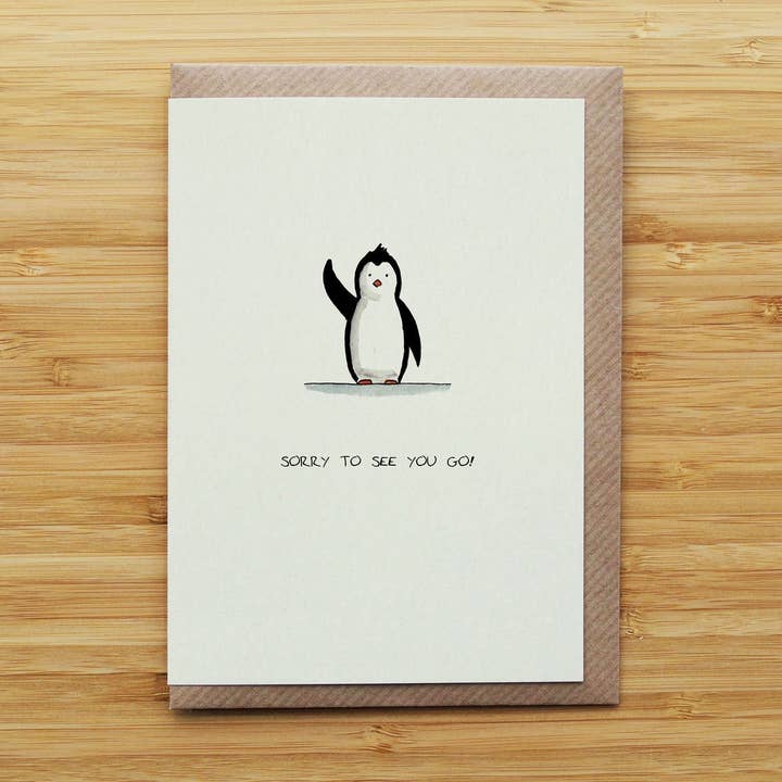 RossJDesigns - Wholesale Everyday Greeting Card - Penguin Leaving Card - We'll Miss You - Recycled Card