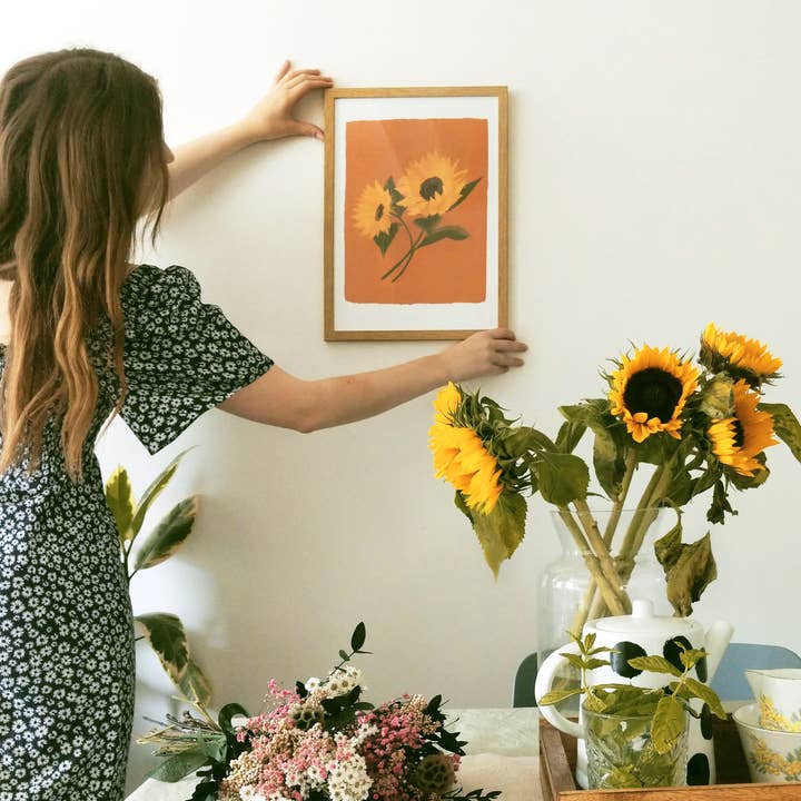 Orange Summer Sunflower Botanical Painting Print, Unframed for wholesale by Annie Dornan Smith